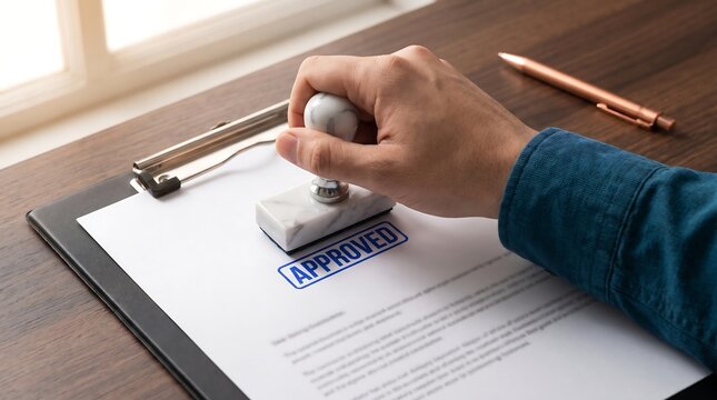 Hand stamping white paper document with blue approved sign on clipboard wooden desk for business contract legal verification official certification paperwork.