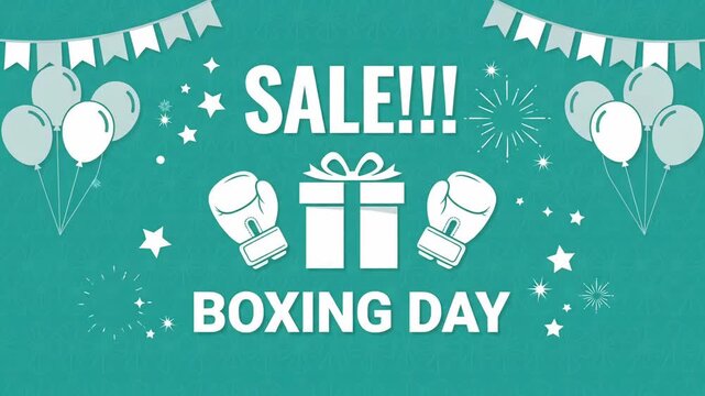 Boxing Day Sale promo discount retail event boxing gloves gift balloons teal 2d motion graphic animation loop
