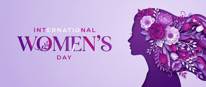 International womens day celebrated banner with profile silhouette of a woman with floral hair in shades of purple, symbolizing beauty and nature for social media cover, website header template design