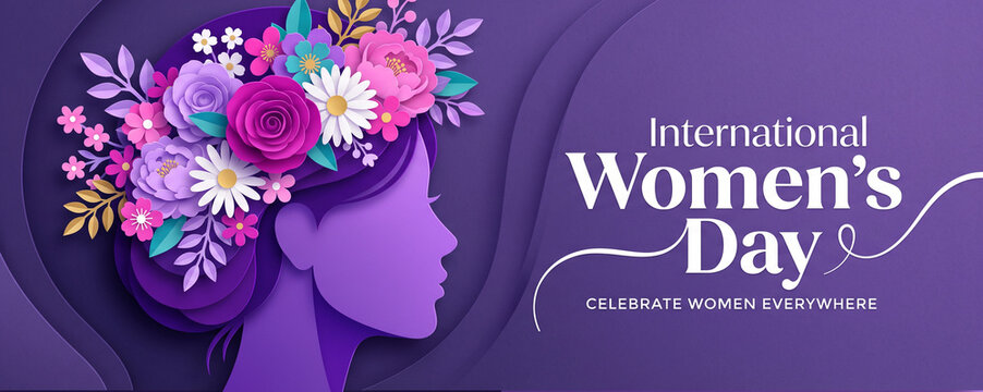 International womens day banner featuring elegant profile silhouette of woman with crown of vibrant paper flowers on deep purple textured background for celebrating women everyday