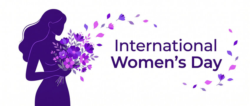 International womens day banner with woman silhouette holding flower bouquet. Minimalist creative design for march celebrations social media cover horizontal banner and website header