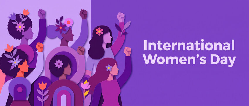 International women's day banner depicting diverse group of women with raised fists symbolizing strength unity and feminism in flat graphic style for social media cover, website header template design