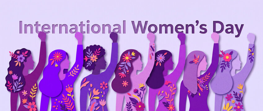 International women's day wide banner featuring diverse group of women with raised fists in paper-cut style symbolizing solidarity and empowerment for social media cover, website header template