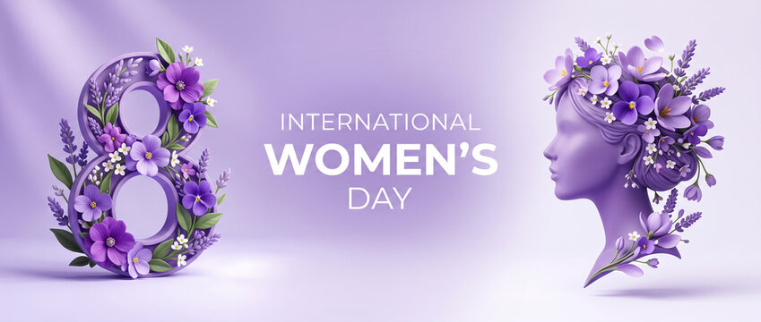 International womens day banner with3d render number 8 adorned with purple flowers and greenery in profile silhouette of woman head on purple background for social media cover, website header template