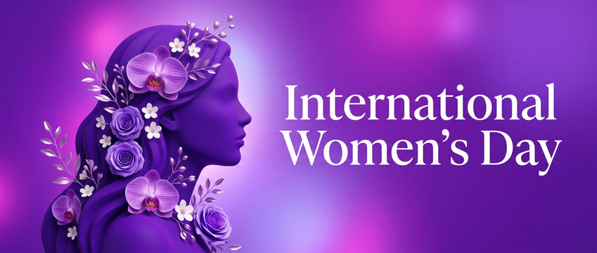 International womens day banner purple sculpture of woman head decorated with orchids and roses flowers against blurred purple background perfect for social media cover, website header template design