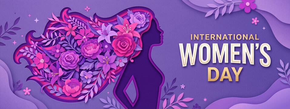 International womens day paper cut style banner with profile silhouette and floral hair decoration creative purple background for march 8 celebrations social media cover website header template
