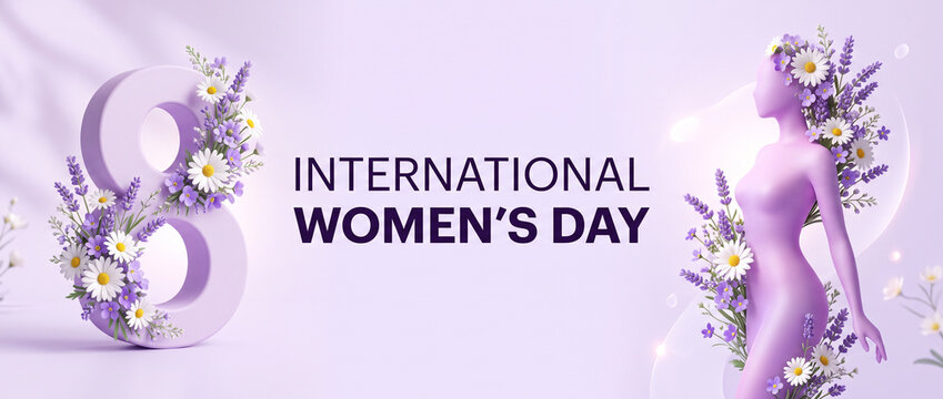 International womens day banner with 3d render number eight and female figure covered in flowers purple background social media cover for march 8 celebrations floral website header design