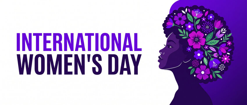 International womens day banner featuring side profile of african woman with floral afro hairstyle creative purple design for social media cover website header march 8 celebration card
