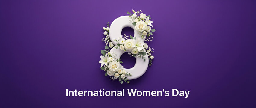 International womens day greeting card design with 3d white number 8 surrounded by realistic white lilies and roses on deep purple background for elegant holiday celebration template