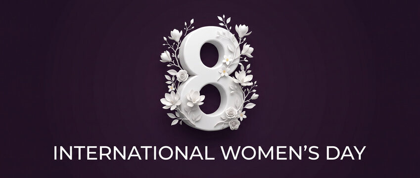 Striking international women's day banner with prominent white 3D number 8 adorned with delicate white flowers and leaves on dark background for social media cover, website header template design