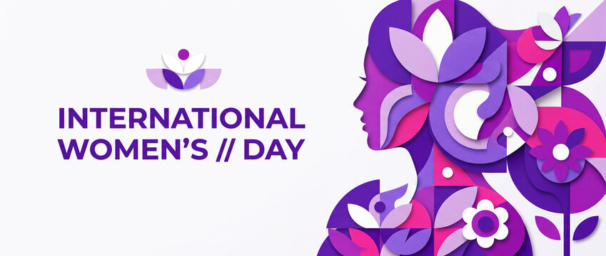 International womens day header with stylized profile and geometric floral patterns on a light background, purple and pink abstract design for social media cover, website header template design
