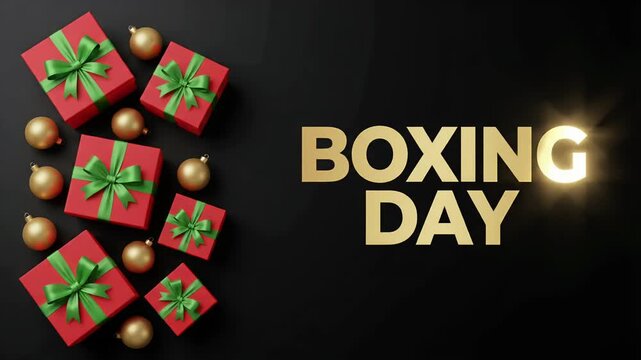Boxing Day sale promo discount red gift box gold ornaments glowing text black background motion graphic animation loop
