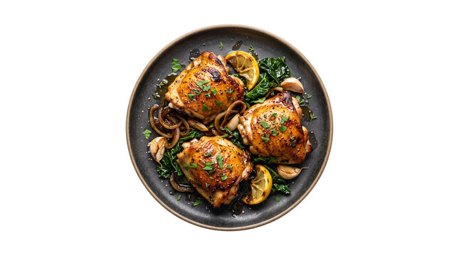 Roasted chicken thighs with lemon and garlic, gourmet poultry dish on dark plate, savory baked chicken dinner with herbs and greens isolated PNG with Transparent Background