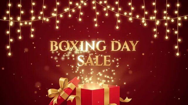 Boxing Day Sale retail promo event open gift box with glowing lights sparkles 3d motion graphic loop

