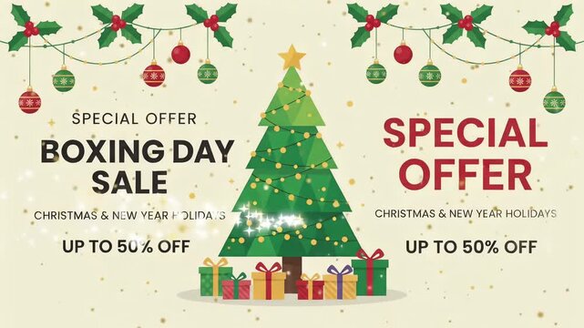 Boxing Day sale special offer 50% off christmas new year holiday retail promo event 2d motion graphic loop
