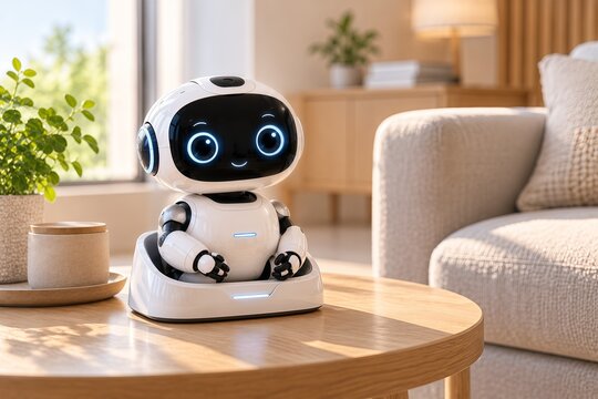 A compact personal companion robot resting on its elegant charging dock on a minimalist side table in a modern smart home, small rounded white body