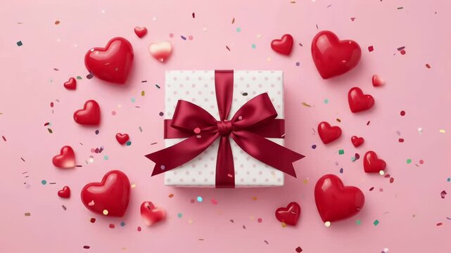 Valentines day romantic gift box red hearts confetti anniversary celebration 3d animation motion graphic background loop
