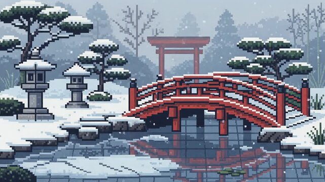 ドット絵の雪の朱塗りの橋 ピクセルアートループ動画
