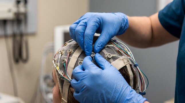 extreme close-up of a neurodiagnostic technician's gloved fingers checking electrode connections on an electroencephalography cap before a brain activity recording