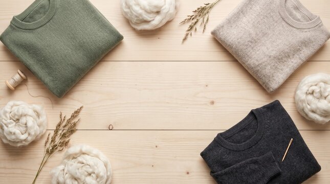 Flat lay of folded cozy wool knitwear sweaters with raw wool roving, wooden spool, and needle on light wooden table, representing sustainable natural fashion, textile craftsmanship, and winter warmth.
