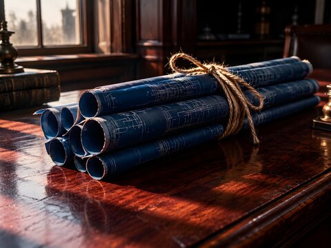 Bundle of rolled technical building blueprints tied with unbleached hemp cord resting on an antique mahogany table