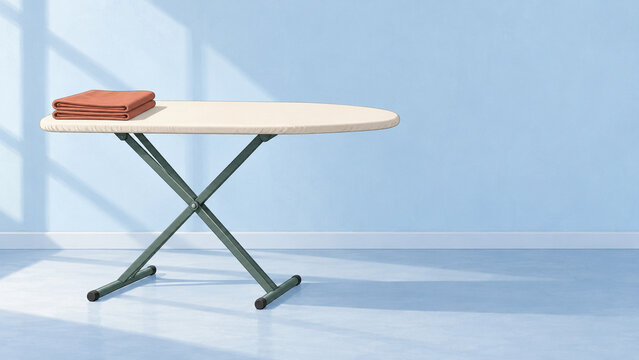 Ironing Board with Folded Terracotta Fabric in a Quiet Blue Room