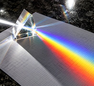 Solid equilateral crown glass prism refracting a piercing white ray into a broad spectrum of violet yellow and scarlet beams