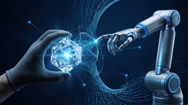 Robot hand interacting with human holding glowing diamond crystal, symbolizing advanced automation technology, AI collaboration, industrial innovation