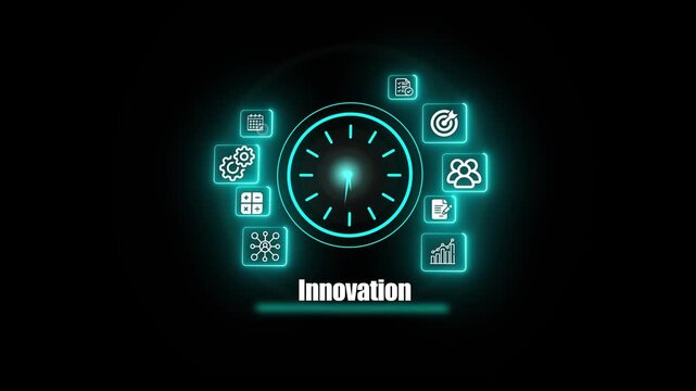Innovation concept, circular timepiece surrounded by floating tiles representing creativity, alliance, aspirations, analytics, engineering, calculations, networking, foresight, driving business growth