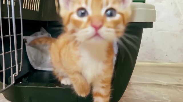 A red-haired kitten takes its first steps in a new home.