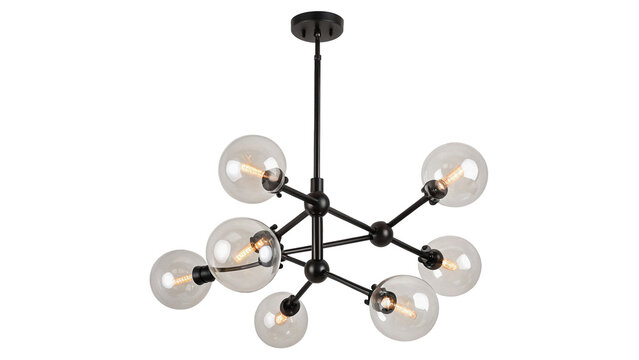 Modern luxury black and glass sphere multi bulb ceiling chandelier lamp isolated on transparent background.