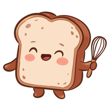 Cute white bread slice character holding a baking whisk vector transparent background
