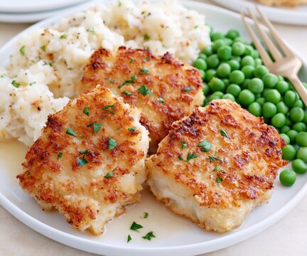 Crispy baked fish portions served with mashed potatoes and bright green peas.