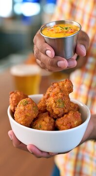 Person presents a bowl of fried fritters and a dipping sauce.
