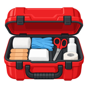 Open Red Emergency Medical Supply Kit with First Aid Essentials Isolated on White