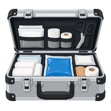 Open Metal Emergency Medical Case with First Aid Supplies Isolated on White