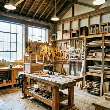 Woodworking Workshop With Tools Wood Shavings and Bench