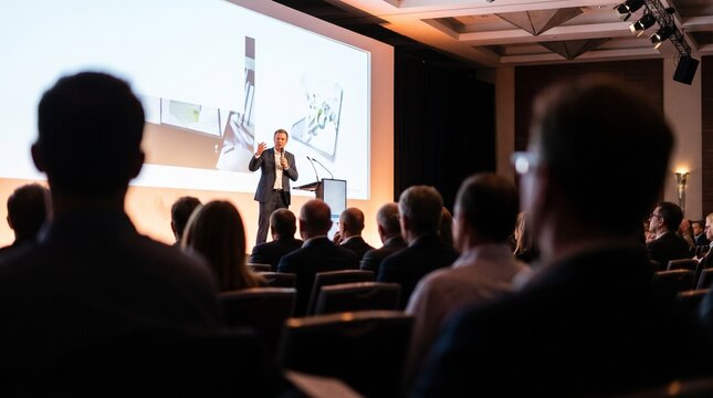 Speaker presenting on stage in front of large audience at business conference hall, back view of attendees