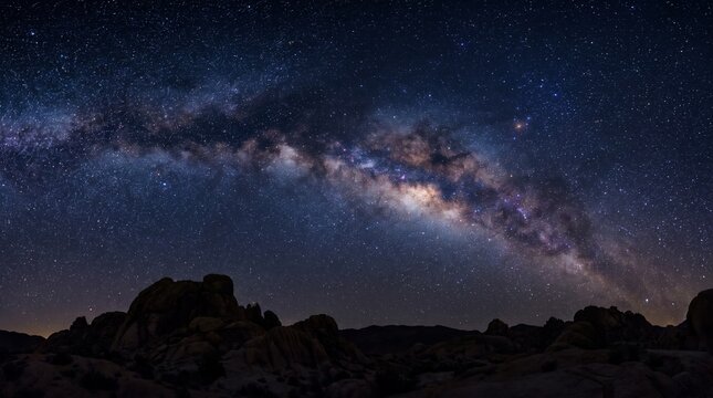 Bright Milky Way over dark rocky desert silhouette at night, star filled sky panorama for astronomy background