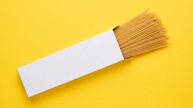 Uncooked Dry Spaghetti Pasta Strands In A Blank White Cardboard Box On A Vibrant Bright Yellow Background