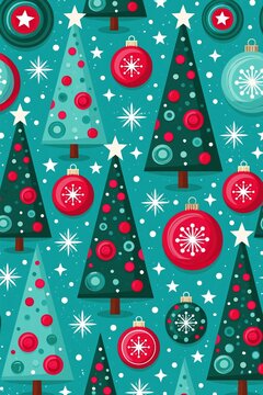 Repeating pattern of festive holiday trees and ornaments on a teal background.