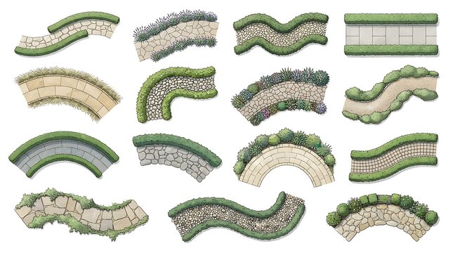 Top view set of garden path segments with stone pavers and green hedges