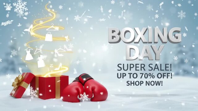 Boxing Day Super Sale Up to 70% Off Shop Now promo retail boxing gloves magic gift box snow motion graphic loop
