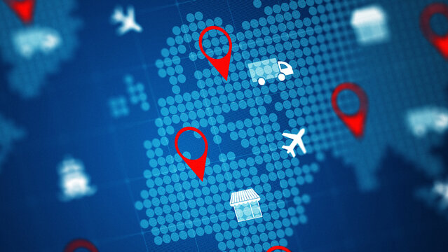 Map showing delivery logistics and cargo transportation locations with icons of trucks, planes, and cargo