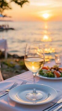 A glass of white wine rests on a plate at a table set for dinner by the ocean during sunset.
