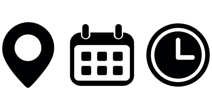 Set of black map pin, calendar and clock icons representing location, date, time and schedule.