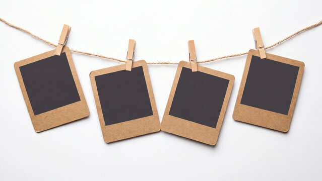 Brown kraft instant photo frames hanging on jute twine with wooden clothespins. Blank rustic picture garland with dark empty windows for memory wall, photo display and scrapbook mockup on white