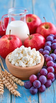 Farm fresh dairy and fruits arranged on a rustic wooden surface.