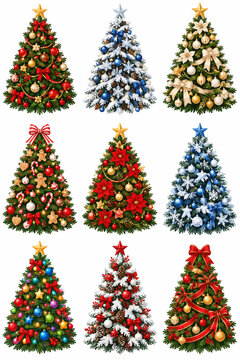 Classic Decorated Christmas Tree with Festive Ornaments Isolated on White Background