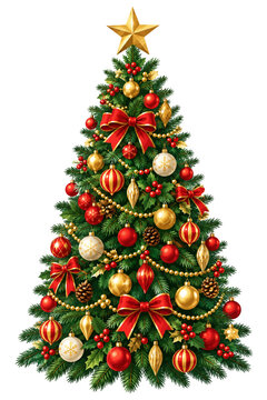 Classic Decorated Christmas Tree with Festive Ornaments Isolated on White Background